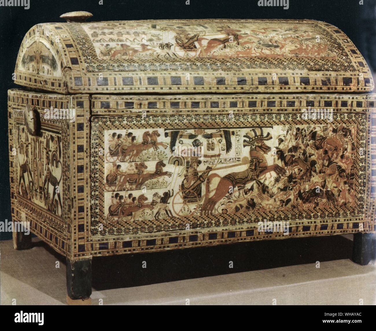 The famous painted box which shows Tutankhamen in his chariot. Tukankhamen, by Christiane Desroches Noblecourt, page 80. Stock Photo
