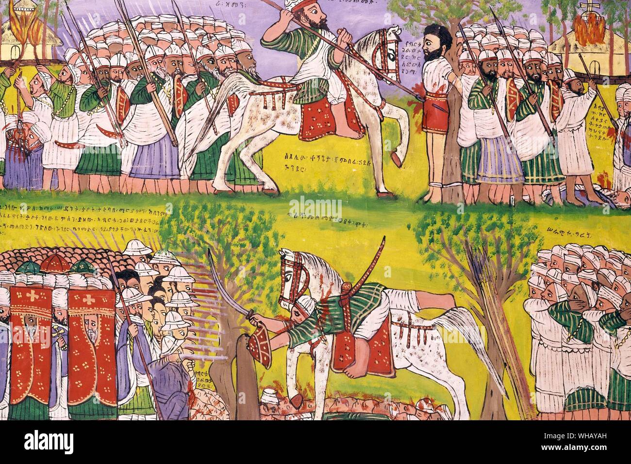 The fall and death of Ahmed Gran (1528-1540), shot by a Portuguese musketeer. Ahmed Gran was probably the fiercest Muslim warrior to battle the Christians in Ethiopia. He was a 16th century warrior whose powers were said to be miraculous. He was impervious to bullets, and his huge sword could severe a tree. He was killed by a combined Portuguese-Ethiopian army. Wooden panel painted at the beginning of this century by Kegneketa Jemlieri Hailu of Gondar. The African Adventure - A History of Africa's Explorers by Timothy Severin, page 49. Stock Photo