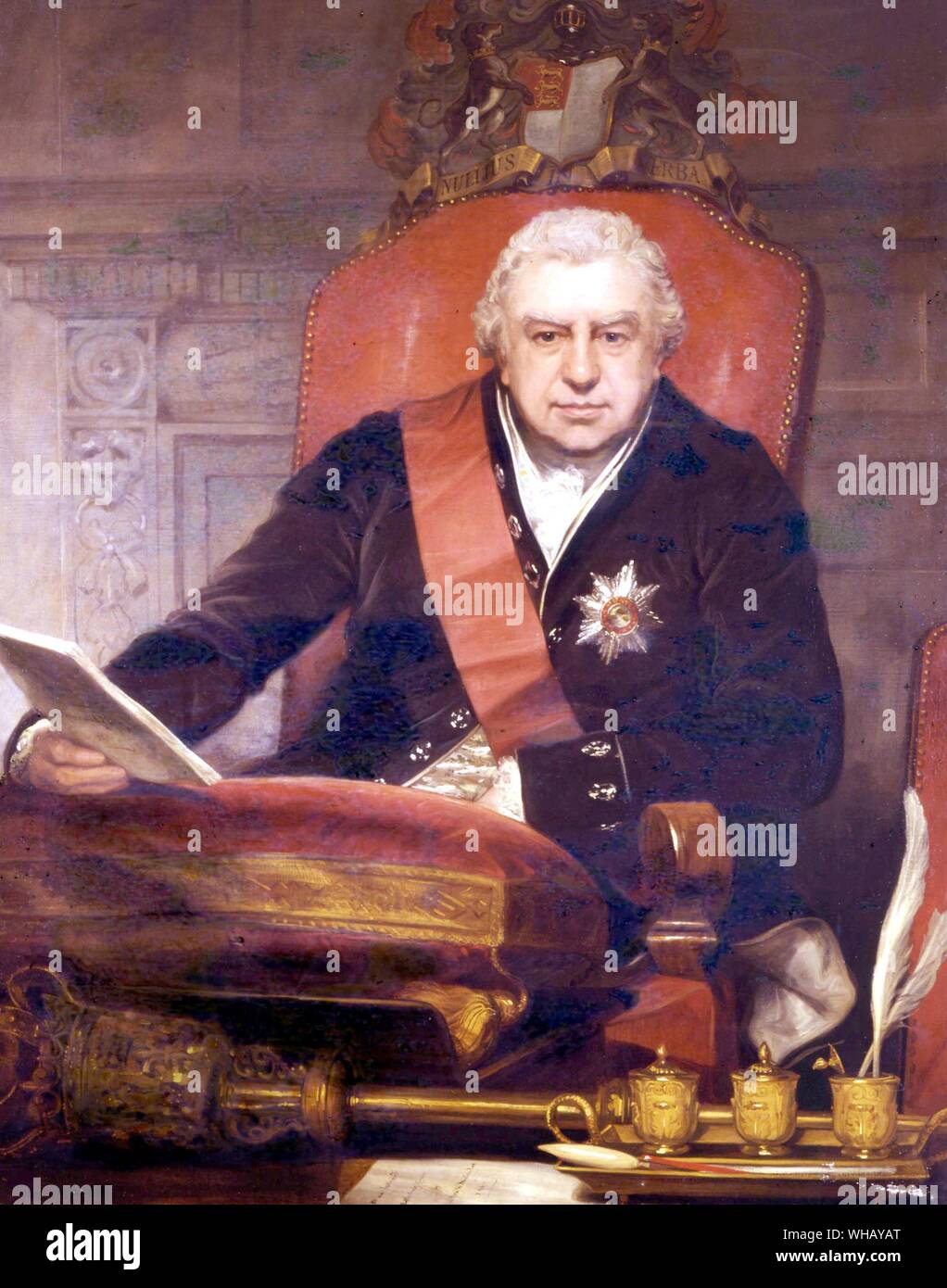 Sir Joseph Banks (1743-1820) 'the Juggernaut of British Science' as President of the Royal Society. Painted in 1810 by Sir Thomas Phillips (1770-1845), portrait painter, and a member of the Royal Academy. The African Adventure - A History of Africa's Explorers by Timothy Severin, page 105.. Sir Joseph Banks was born at Argyle Street, London, on 13 February 1743. Banks was made a Fellow of the Royal Society in 1766, and that year he travelled to Newfoundland to collect plants. During 1768-1771 he journeyed with Cook around the world in the 'Endeavour', making natural history collections, and Stock Photo
