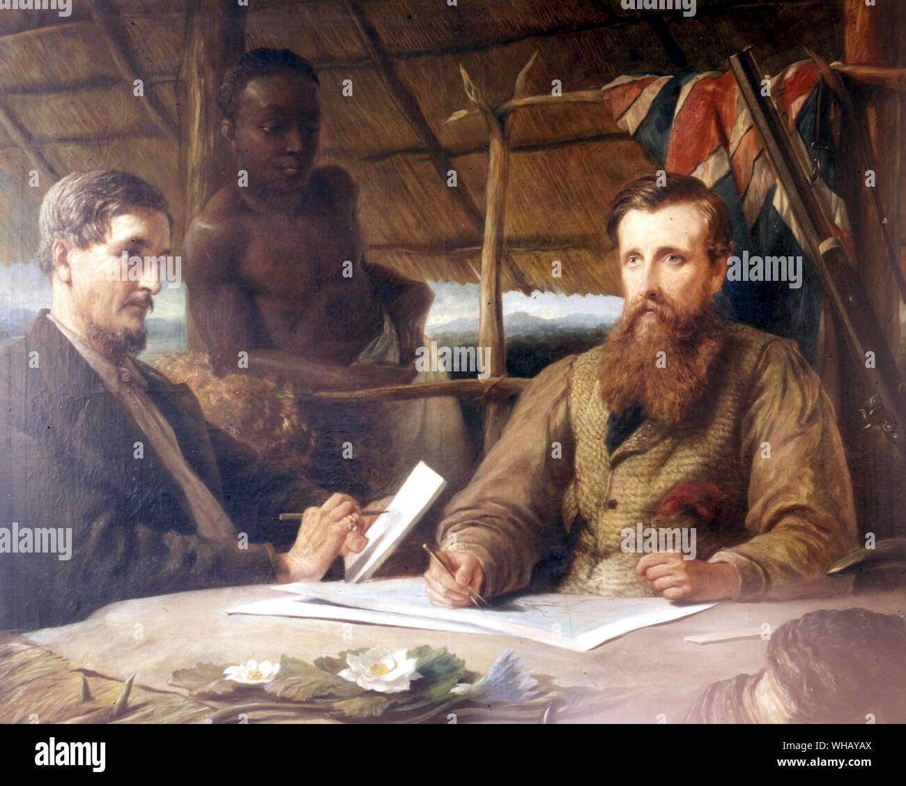 Speke (right), Grant and Bombay, their African assistant, in 1863. Painting by Henry William Phillips. The African Adventure - A History of Africa's Explorers by Timothy Severin, page 217. Stock Photo