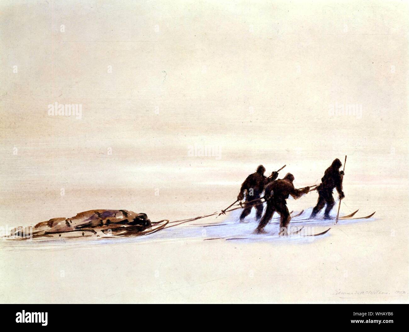 Sledge hauling on skis on a grey day on the Great Ice Barrier, by Edward Wilson (1872-1912). Terra Nova Expedition (1910-1913). Antarctica: The Last Continent by Ian Cameron, page 187. Stock Photo