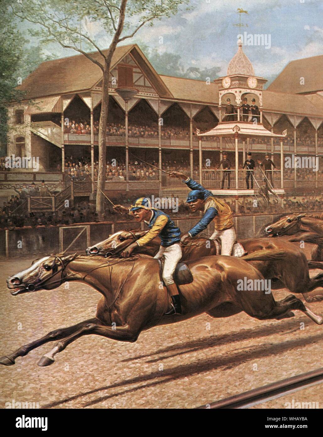 America lagged far behind Europe in two-year-old racing. the invention of the six-furlong Futurity at Sheepshead Bay, at $40,900, the richest race ever run until then in America. It was a deliberate attempt by the Coney Island Jockey Club in 1888 to establish two-year-old racing as a major part of the programme. (Louis Maurer's picture is dated 1889, which has confused some historians). The inaugural race had a field of 14. it was won by Proctor Knott, a gelding by Luke Blackburn out of Tallapoosa by Great Tom, ridden by S. Barnes. Haggin's Salvator was second, beaten half a length after a Stock Photo