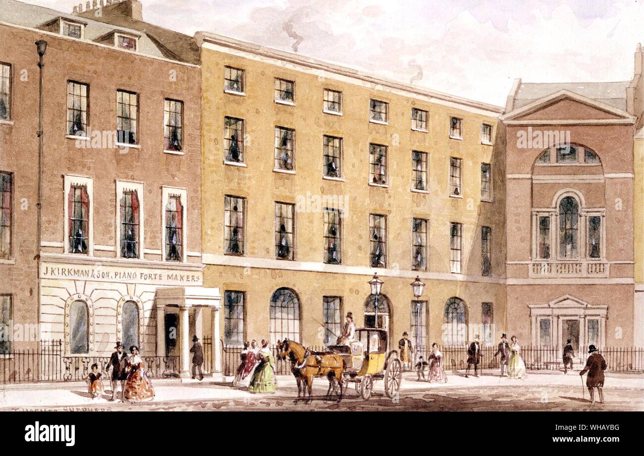 The east side of Soho Square, London. Number 32, on the right, was the home of Sir Joseph Banks and the birthplace of the African Association. Painting by Thomas Hosmer Shepherd (1793-1864). The African Adventure - A History of Africa's Explorers by Timothy Severin, page 77. Stock Photo