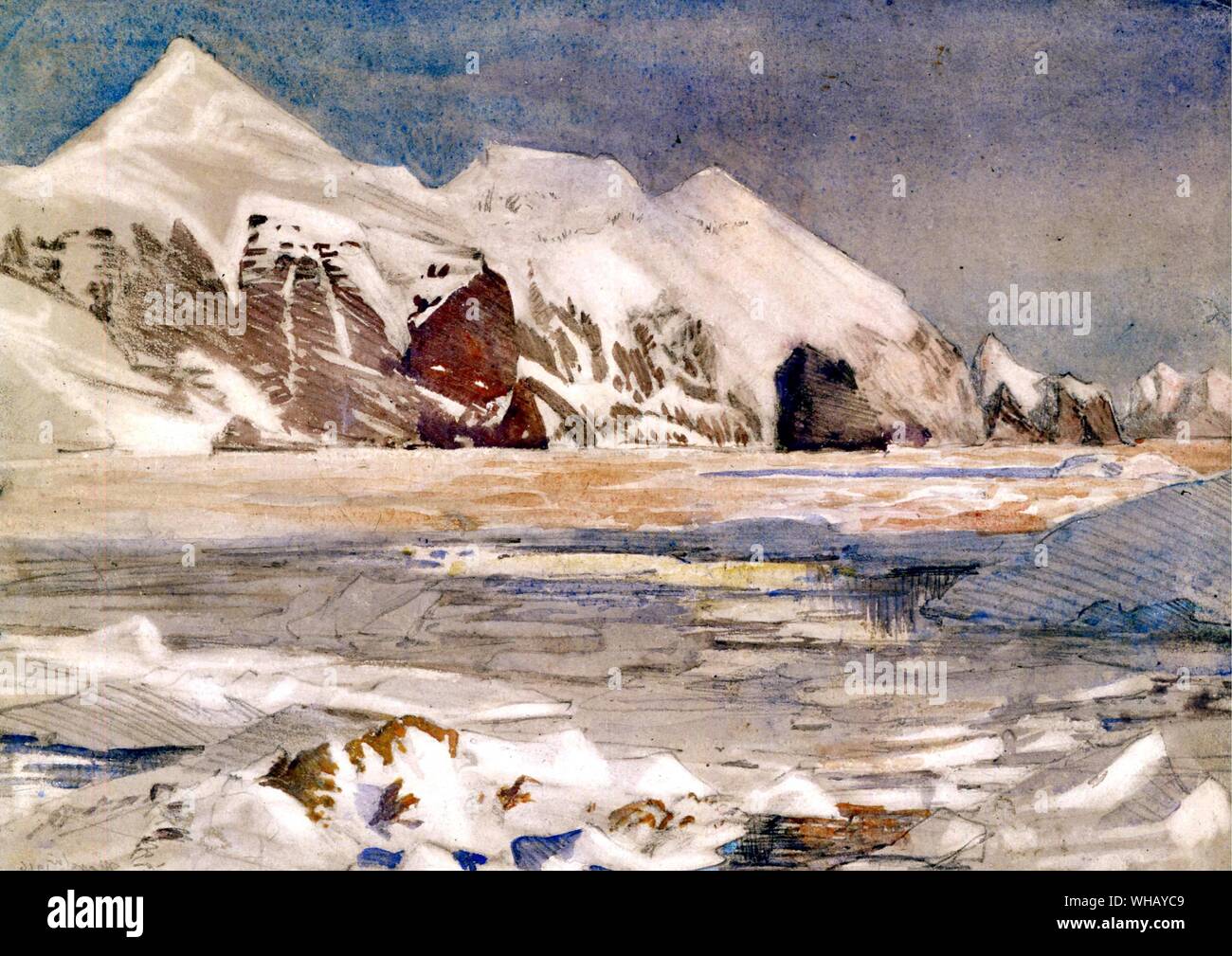 The coast of Elephant Island 1916 on one of the few bright evenings experienced by the men left behind, by George Marston (1882-1940), Shackleton Expedition. Antarctica: The Last Continent by Ian Cameron, page 229. Stock Photo