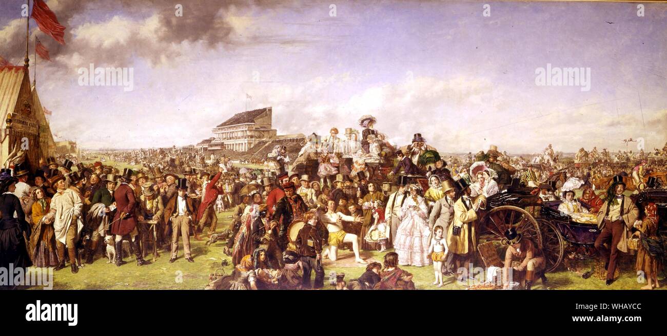 This is the foot of the Downs, between Tattenham Corner and the winning-post. The booth on the left is grandly called the Royal REFORM CLUB''. its sign announces hazard and rouge et noir. The game being played on the nearest little table is thimblerig. the sharper behind the Scotsman is a three-card-trick man. These people constitute what a contemporary calls 'the degraded mob, the blasphemous, greedy, obsene Bohemianism that riots on Epsom Downs.' The 1856 Derby was won by Admiral Harcourt's Ellington at 20 to 1, a good horse by The Flying Dutchman. Prince Albert was present, but not the Stock Photo