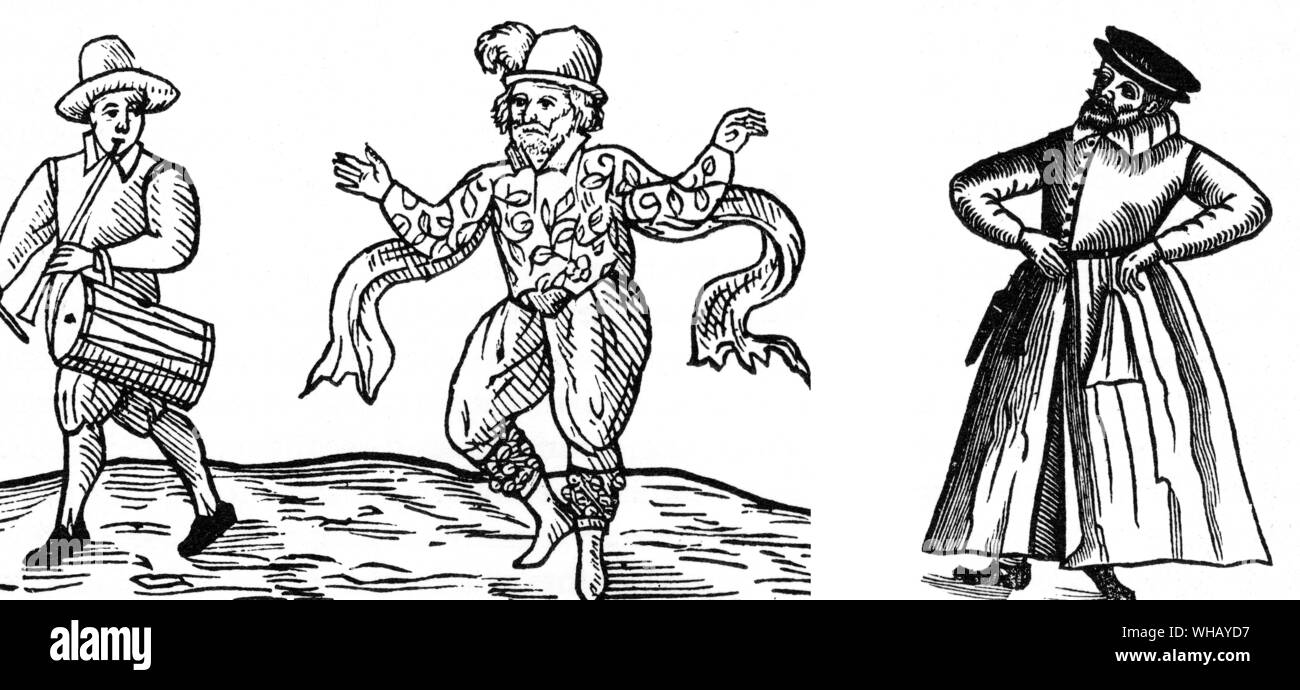 William Kemp, the comedian, left Shakespeare's company in a huff and danced a justificationof himself from London to Norwich. He was replaced by (right) a more subtle comic, Robert Armin Stock Photo