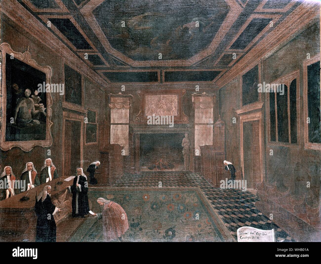 Tribunadegli Inquisition . La sala dei Tre Capi del Consiglio dei Dieci (painted in oil somewhere between 1779 and 1792). Gabriel Bella. Gall. Quenini-Stampalia. Stock Photo