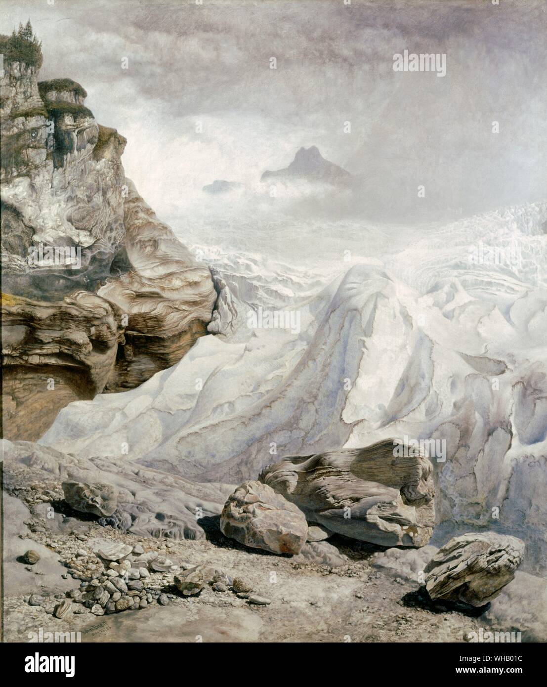 Glacier of Rosenlaui - 1856. by John Brett (1831-1902). in Tate Gallery. John Brett was greatly impressed by the writings of John Ruskin on art and geology, and by the works of the Pre-Raphaelites. Meeting J. W. Inchbold, another outdoor realist painter, added to Brett's determination to paint 'detail in nature'. He first exhibited at the Royal Academy in 1856, and the following year showed The Glacier of Rosenlaui, an incredibly detailed landscape study illustrating how the shape of the land could be governed by ice action, and showing three blatantly ice-deposited rocks in the foreground. Stock Photo