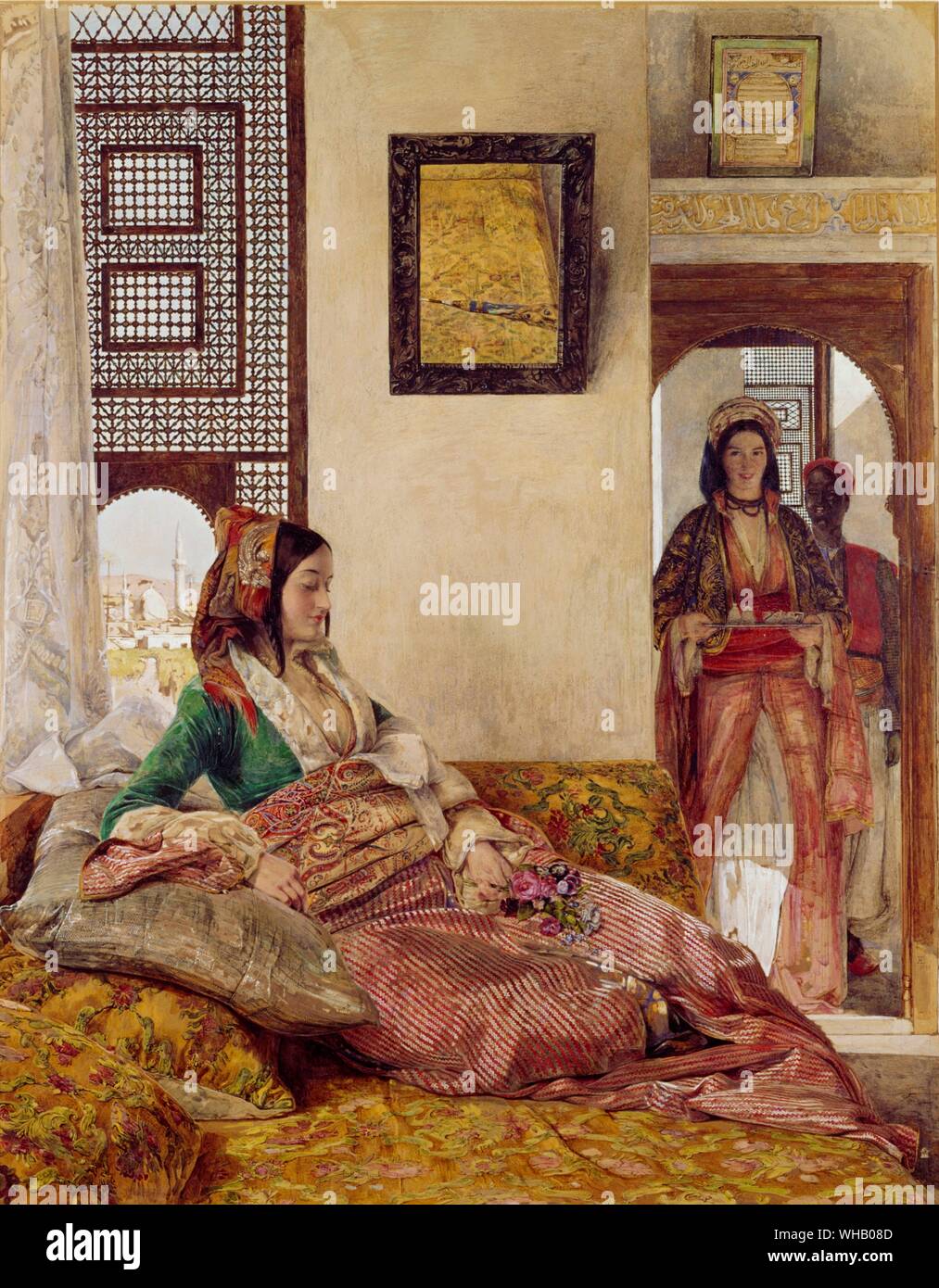 Life in the Harem, Cairo - 1858. by John F. Lewis - Lewis, John Frederick (1805-76). in the V&A. In the Arab tradition, imitated by other Muslim cultures, the harîm is the part of the household forbidden to male strangers. . In Western languages such as English, this term refers collectively to the wives in a polygynous household as well as the no-males allowed area, or in more modern usage to a number of women followers or admirers of a man.. Stock Photo