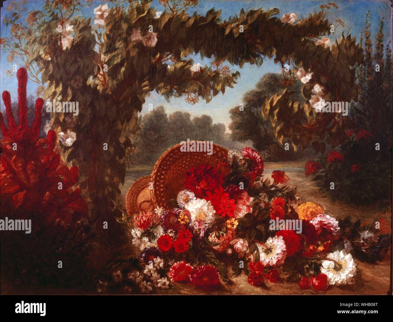 Overturned Flower Basket - 1848/9. or - Basket of Flowers. by Eugene Delacroix. Met. Mus. NY. Ferdinand Victor Eugène Delacroix (April 26, 1798 - August 13, 1863) was the most important of the French Romantic painters. Delacroix's use of expressive brushstrokes and his study of the optical effects of color profoundly shaped the work of the Impressionists, while his passion for the exotic inspired the artists of the Symbolist movement.. Given the social and political unrest in post-revolutionary Paris, Delacroix retreated to his country house, Champrosay, in September 1848. There he undertook Stock Photo