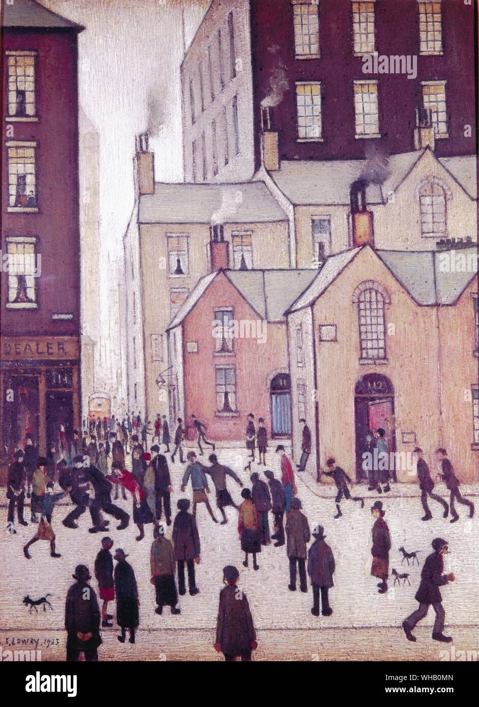 Street Scene - 1935. by L S Lowry. Lawrence Stephen Lowry (November 1, 1887 - February 23, 1976) was an English artist born in Barratt Street, Old Trafford, Manchester. Most of his pictures depict Salford, where he lived and worked for over thirty years.. Lowry is famous for painting scenes of life in the industrial districts of northern England during the early 20th century. He had a distinctive style of painting and is best known for urban landscapes peopled with many human figures.. Stock Photo
