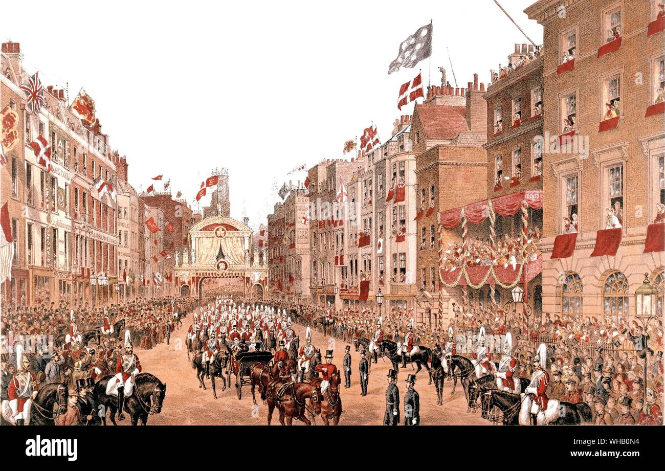 Arrival of Princess Alexandra for her marriage to the Prince of Wales.. Driving through the city at Temple Bar, 7th March 1863.. Chromolithography by Dudley from Russell's Memorial of the Marriage of Albert Edward Prince of Wales. Stock Photo