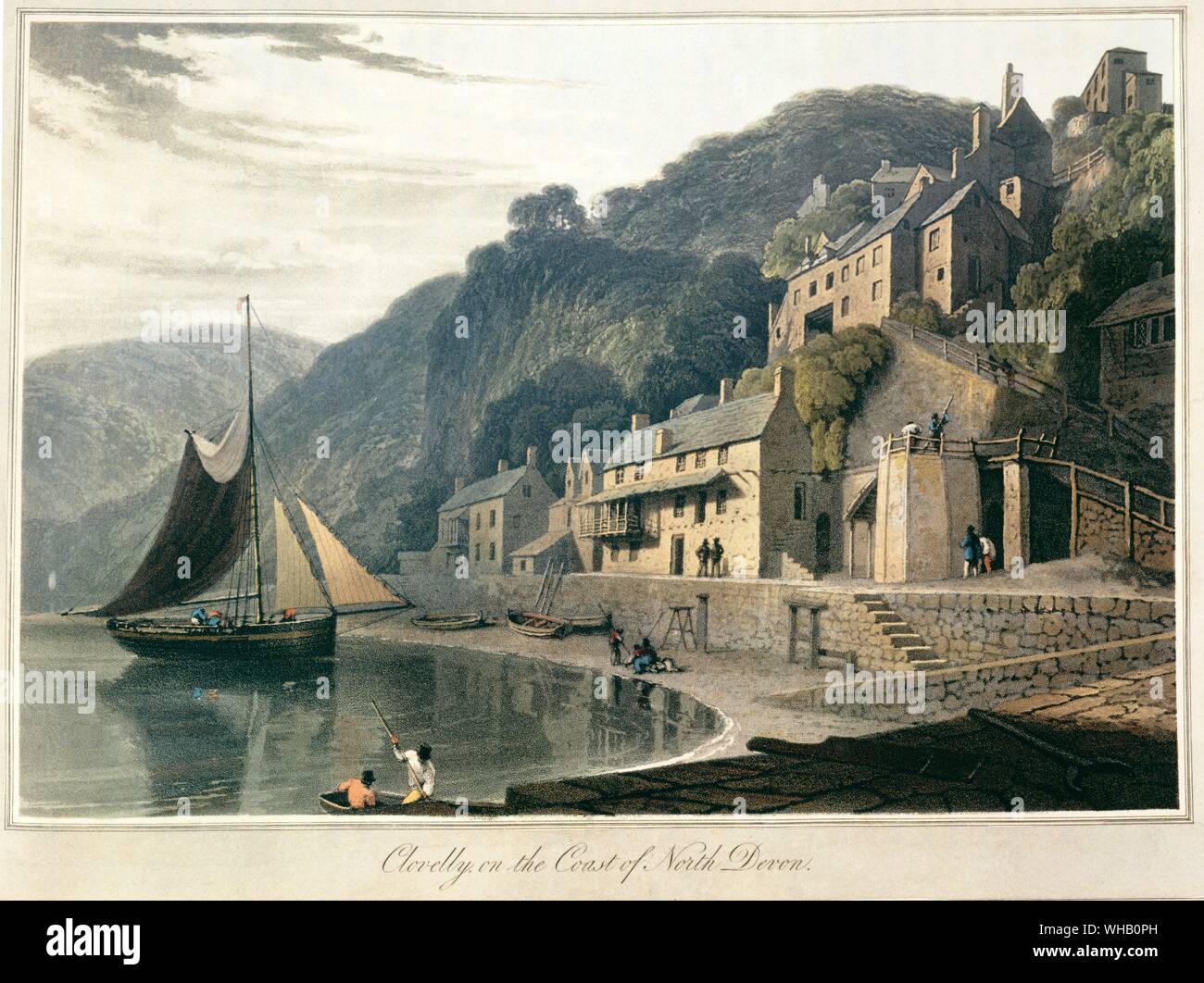 Clovelly - 1814. From - A Voyage Round Great Britain. by Richard Ayrton. Lithograph by William Darriell (1769-1837) - English painter. Born in Kingston-upon-Thames in Surrey. His father was a bricklayer and owner of a public house called The Swan in near-by Chertsey. His uncle was an artist and later Royal Academician, and William became his pupil. Uncle and nephew left Britain in April 1785 to voyage throughout China and India. In Calcutta in 1791, they held a lottery of their combined paintings, using the proceeds to continue their travelling and sketching. They returned to Britain in 1794, Stock Photo
