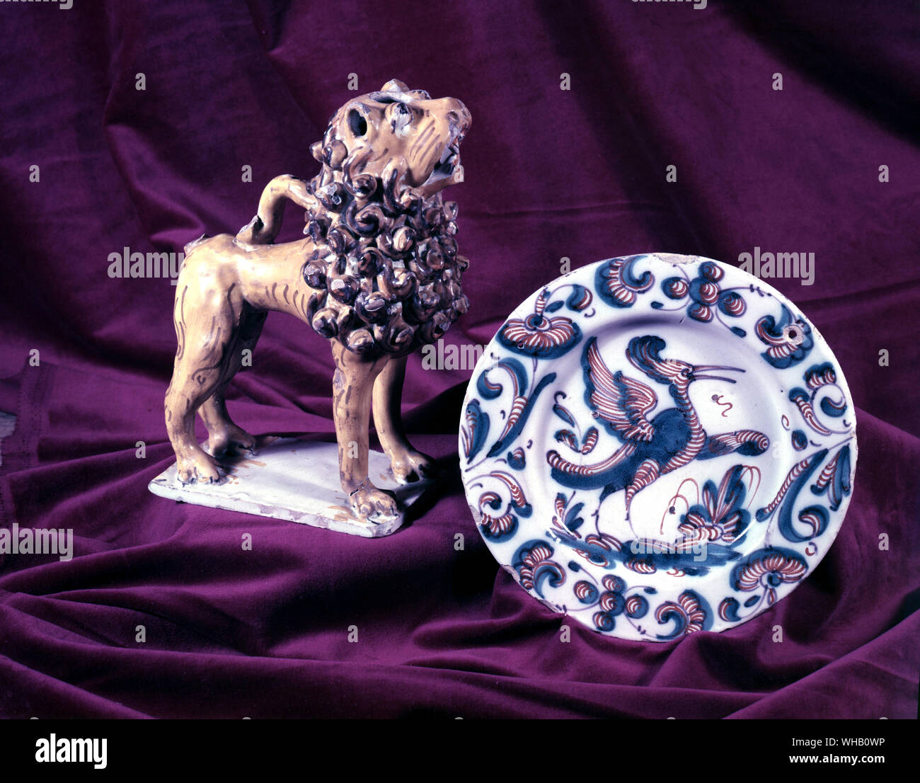 Spain - tin enamelled earthenware - aquamarine leo and dish. Fitzwilliam. Stock Photo
