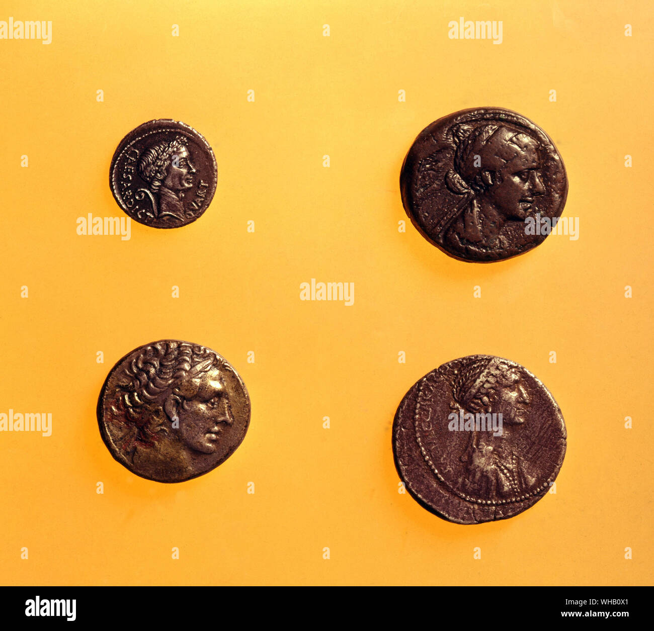 Top left - Caesar C.46B. Top right - Cleopatra VIII. Bottom left - Ptolemy XIII. Bottom right - Cleopatra VII. . Stock Photo
