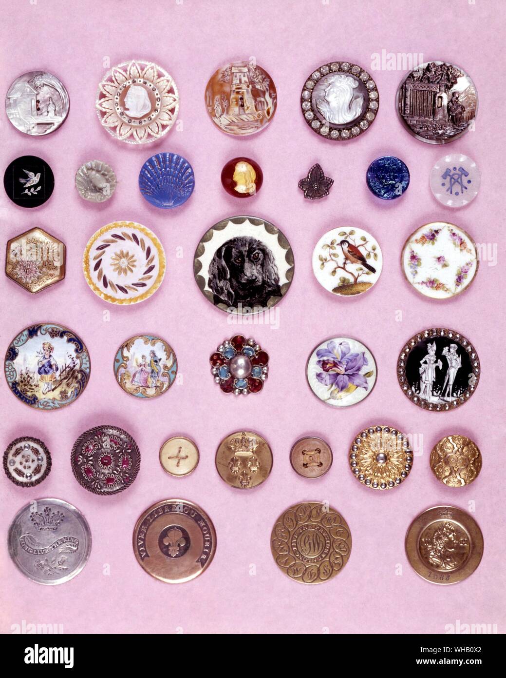 Antique buttons. Row 1 - 19th century cameos, carved shell and narce.. Row 2 - 19th century glass, most fr. Bohemia. Row 3 - Marked ceramics : Satsuma, R. Copenhagen, Wemyss, Sevres, Chantilly. Row 4 - 19th century enamels : French, English, Japanese. Row 5 - 18th century wood and bone-backs, cord shanks. Row 6 - Commemorative - George III, 1789: French Revolution, inauguration of 1st U.S. President, 1789. welcoming Wm. of Orange to England. All collection of the late Lillian Smith Albert. Stock Photo