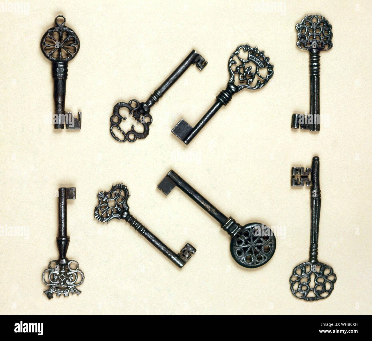 Eight steel keys, French and German, 17th century.. Arthur Davidson, London. Stock Photo