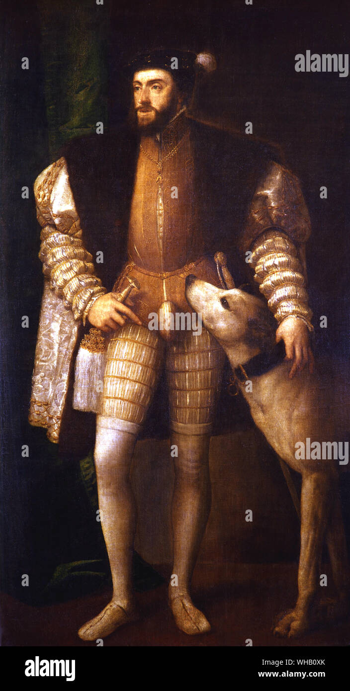 Charles V (1500-58) with his dog c.1533/4. Artist Titian (Tiziano Vecellio) (c.1488-1576) . Location Prado, Madrid, Spain . Charles V (24 February 1500 - 21 September 1558) was ruler of the Burgundian territories (1506-1555), King of Spain (1516-1556), King of Naples and Sicily (1516-1554), Archduke of Austria (1519-1521), King of the Romans (or German King), (1519-1556 but did not formally abdicate until 1558) and Holy Roman Emperor (1530-1556 but did not formally abdicate until 1558). In Spain, though he is often referred to as Carlos V, he ruled officially as Carlos I, Charles I of Spain.. Stock Photo