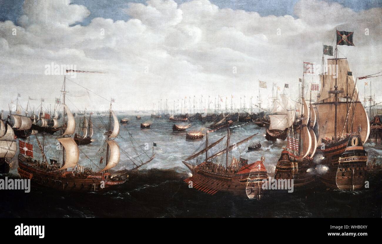 Launching of fireships by the English fleet in the Calais Road about midnight on Sunday 28th July 1588 (artist unknown). National Maritime Museum. Stock Photo