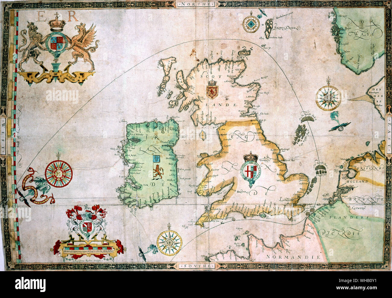 English chart with homeward course of first Armada by Auguste Ryther - 1588. Stock Photo