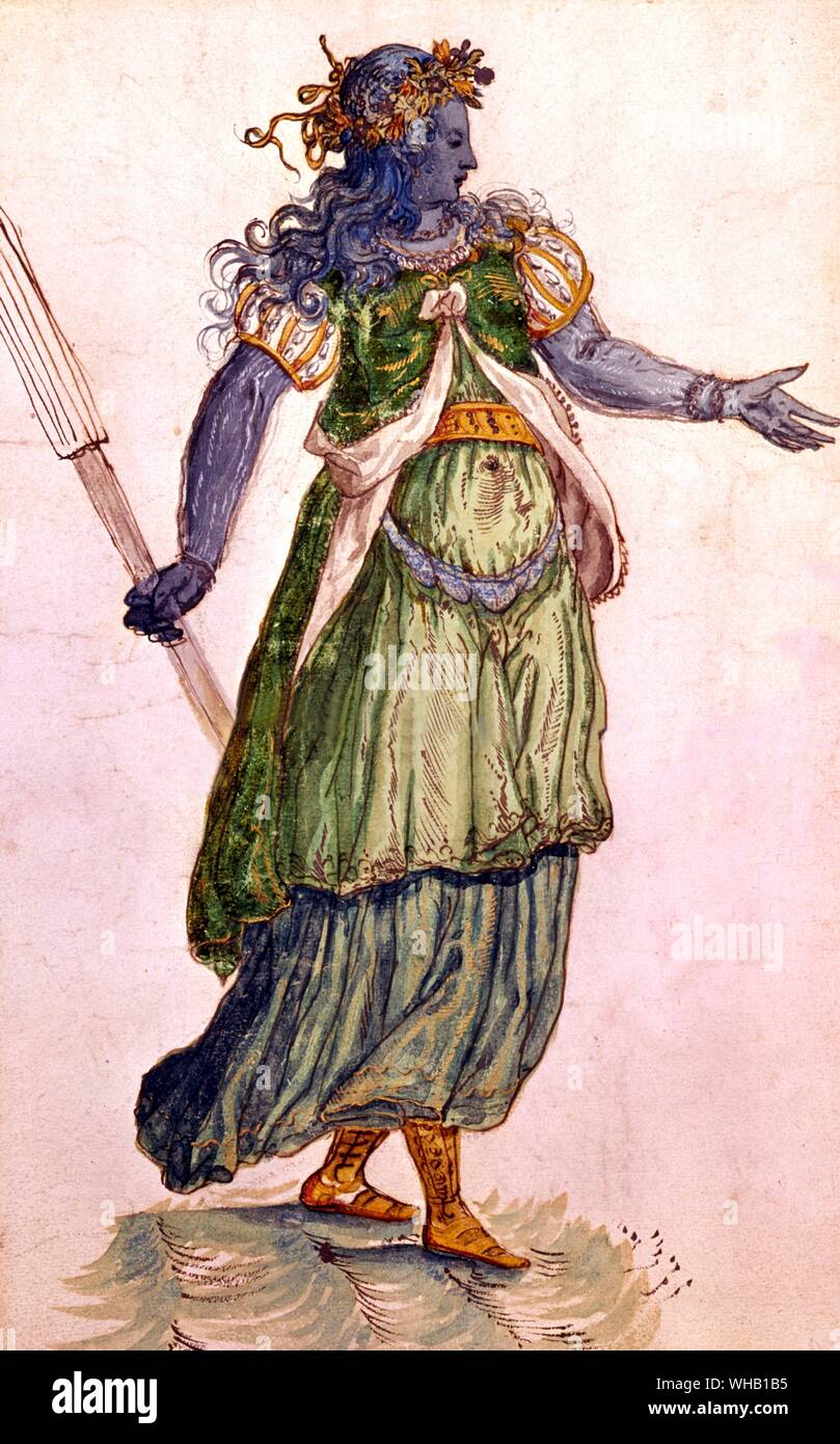 Torch bearer as an oceania from The Masque of Blackness by Ben Jonson, 1605. Costume design by Inigo Jones. Reproduction by permission of the Trustees of the Chatsworth Settlement. Photography by courtesy of the Victoria & Albert Museum, London.. Stock Photo