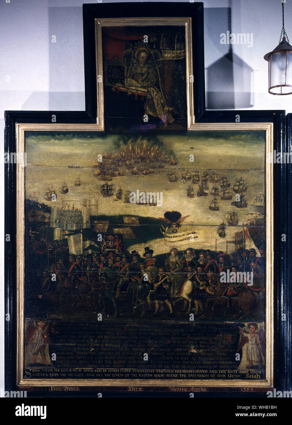 The Arrival of Queen Elizabeth I (1530-1603) at Tilbury. and the Defeat of the Spanish Armada - August 1588 - addressing her troops - left hand panel, by English School (17th century) said to be painted on wood from an Armada ship.. St. Faith's Church, Gaywood, Kings Lynn, Norfolk, UK.. Blessed be the great god of my salvation . Stock Photo