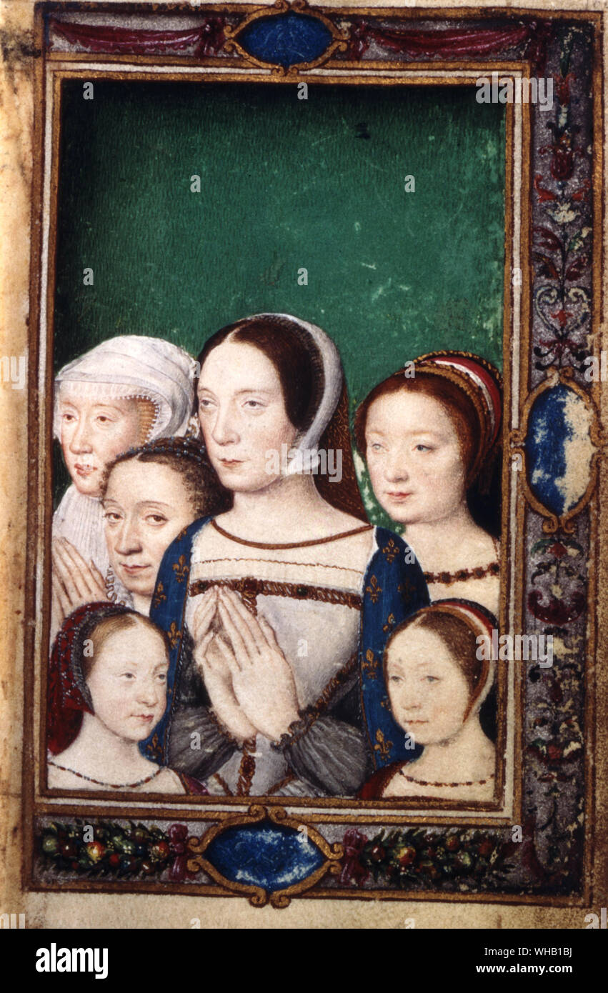 Claude de France , daughters and daughter in law .From a posthumous minature in Catherine de Medici's Book of Hours . . Bibliotheque Nationale , Paris . Stock Photo