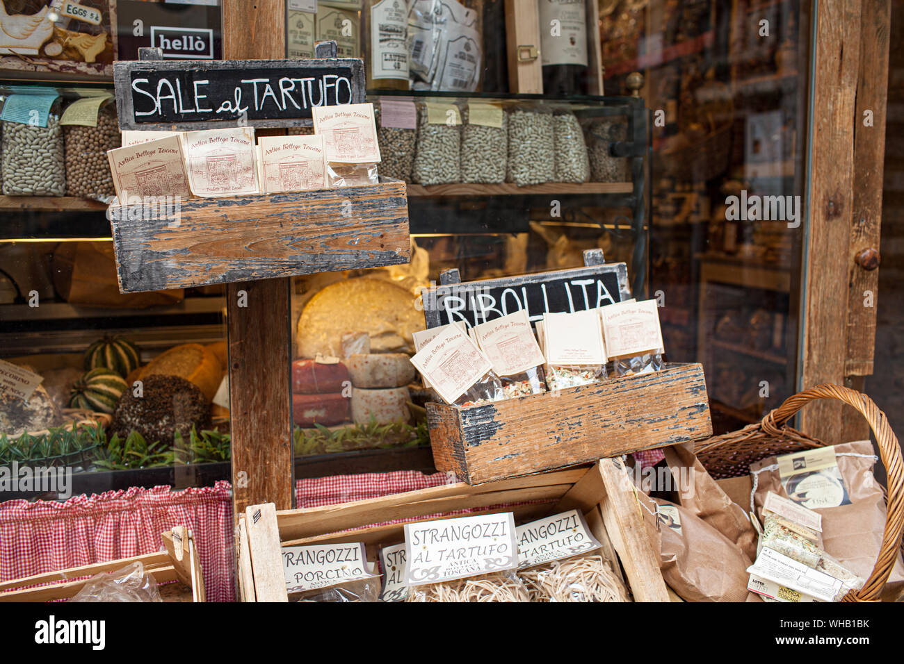 AREZZO, TUSCANY, ITALY - JANUARY 10, 2016: Typical Italian products displayed on the storefront of Antica Bottega Toscana, one of the oldest shops Stock Photo