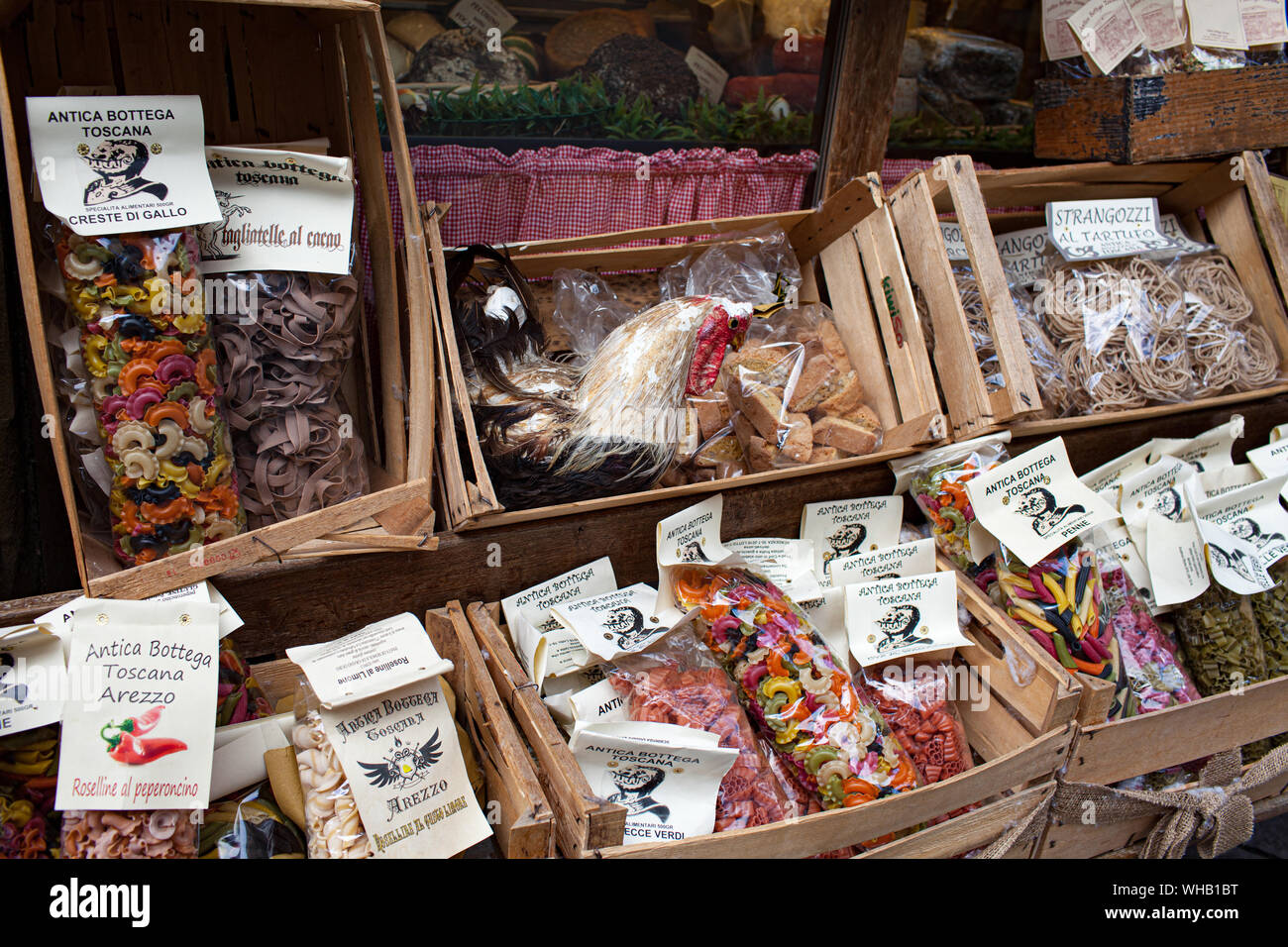 AREZZO, TUSCANY, ITALY - JANUARY 10, 2016: Typical Italian artisanal pasta, spices and cookies at Antica Bottega Toscana one of the oldest shops Stock Photo
