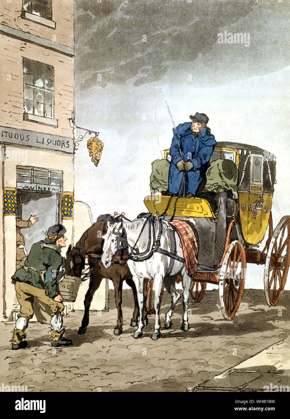 Hackney coach from Picturesque Representations of Costumes of Great Britain 1807 by J. Atkinson. V&A Library. Stock Photo