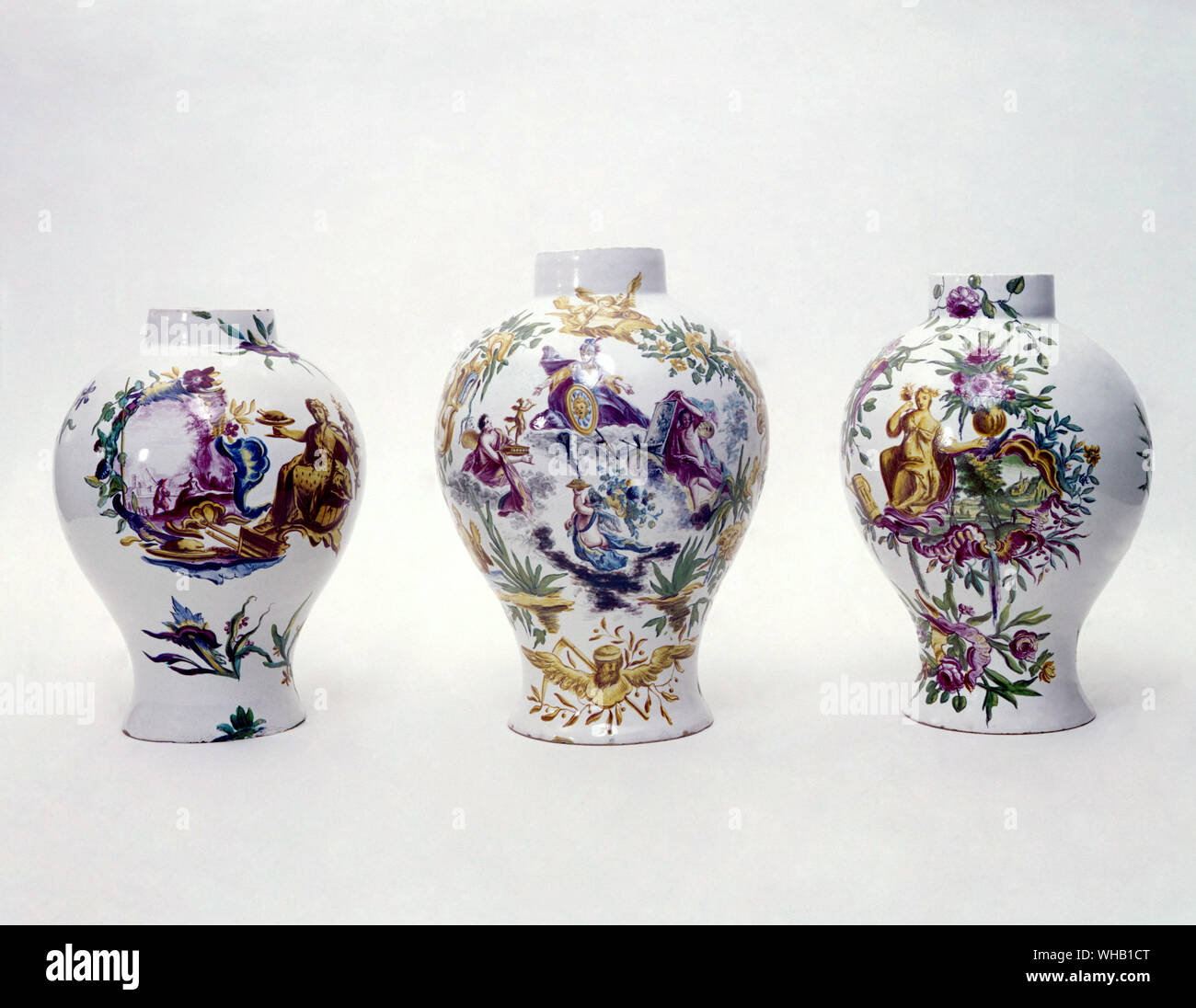 Three German faience vases, c. 1755.. Victoria & Albert Museum, London. Stock Photo