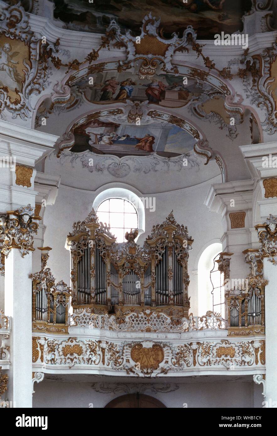 Organ case by Dominikus Zimmerman - organ by Steinmeyer - Garmisch Partenkirchen, Bavaria (Westkirche). Stock Photo