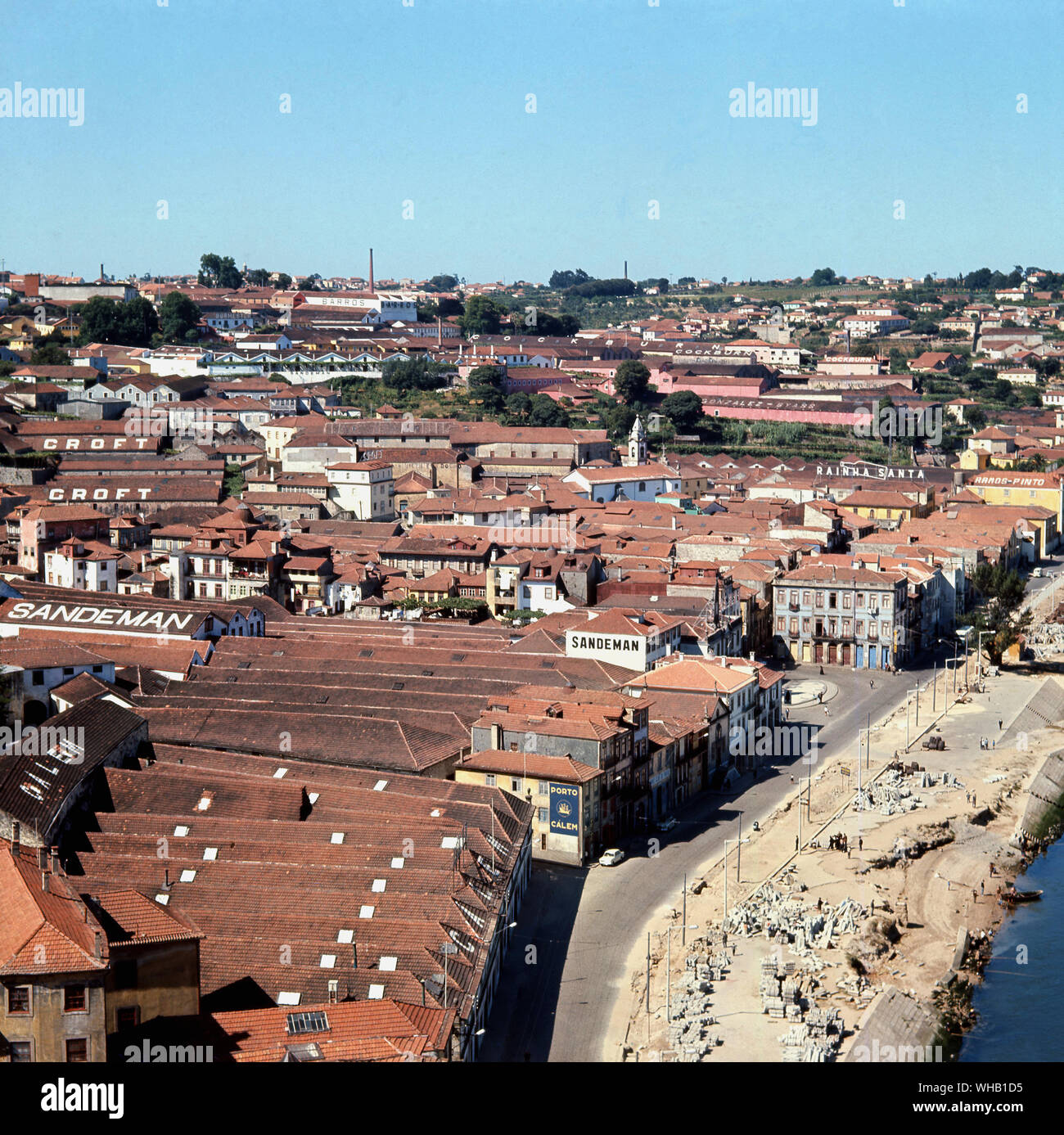 View of the port lodges from the high river bridge at Vila Nova de Gaia, Oporto - Stock Photo