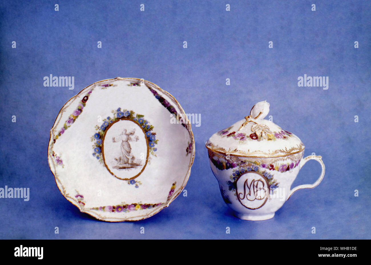 Antique covered chocolate cup and saucer 1780-90, Copenhagen.. Victoria & Albert Museum, London. Stock Photo