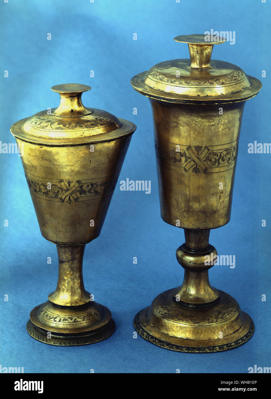 S.C. Brass : Ritual . Two ( 2 ) Chalices with lids .. Photo by Sally Chappell . Stock Photo