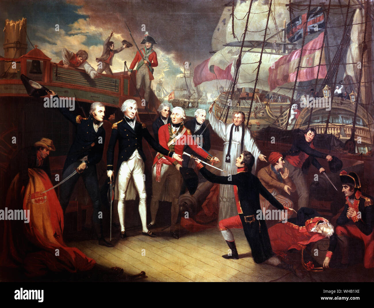 Nelson receiving sword of surrendering Spanish officer on board the San Josef, Battle of St. Vincent 1797.. National Maritime Museum.. Stock Photo