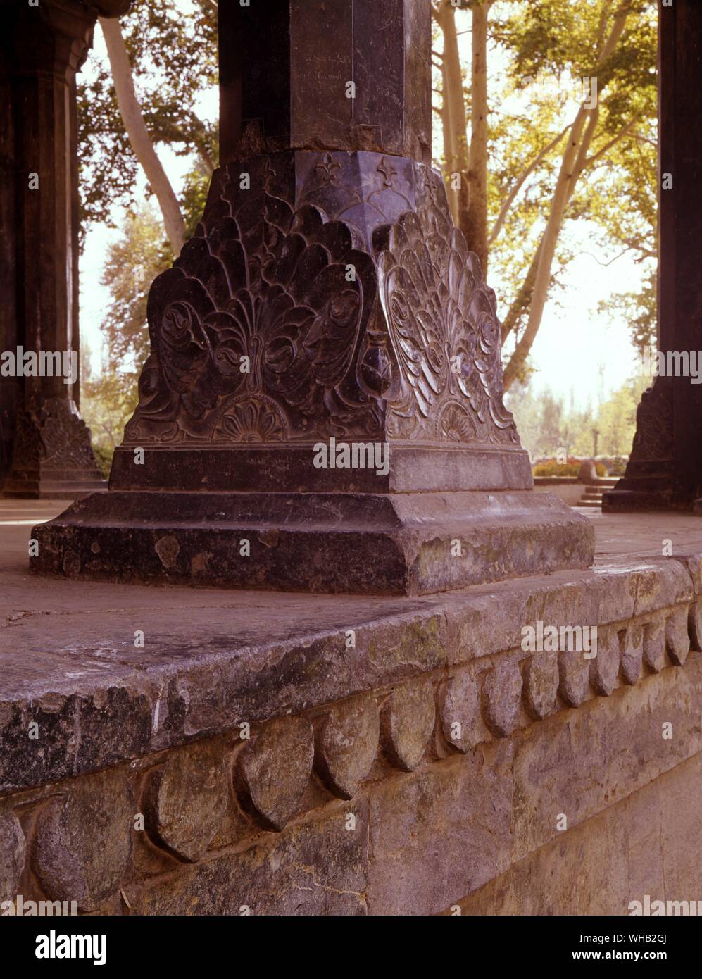 One of black pillars in Jahangir's Shalimar Bagh at Srinagar. Stock Photo