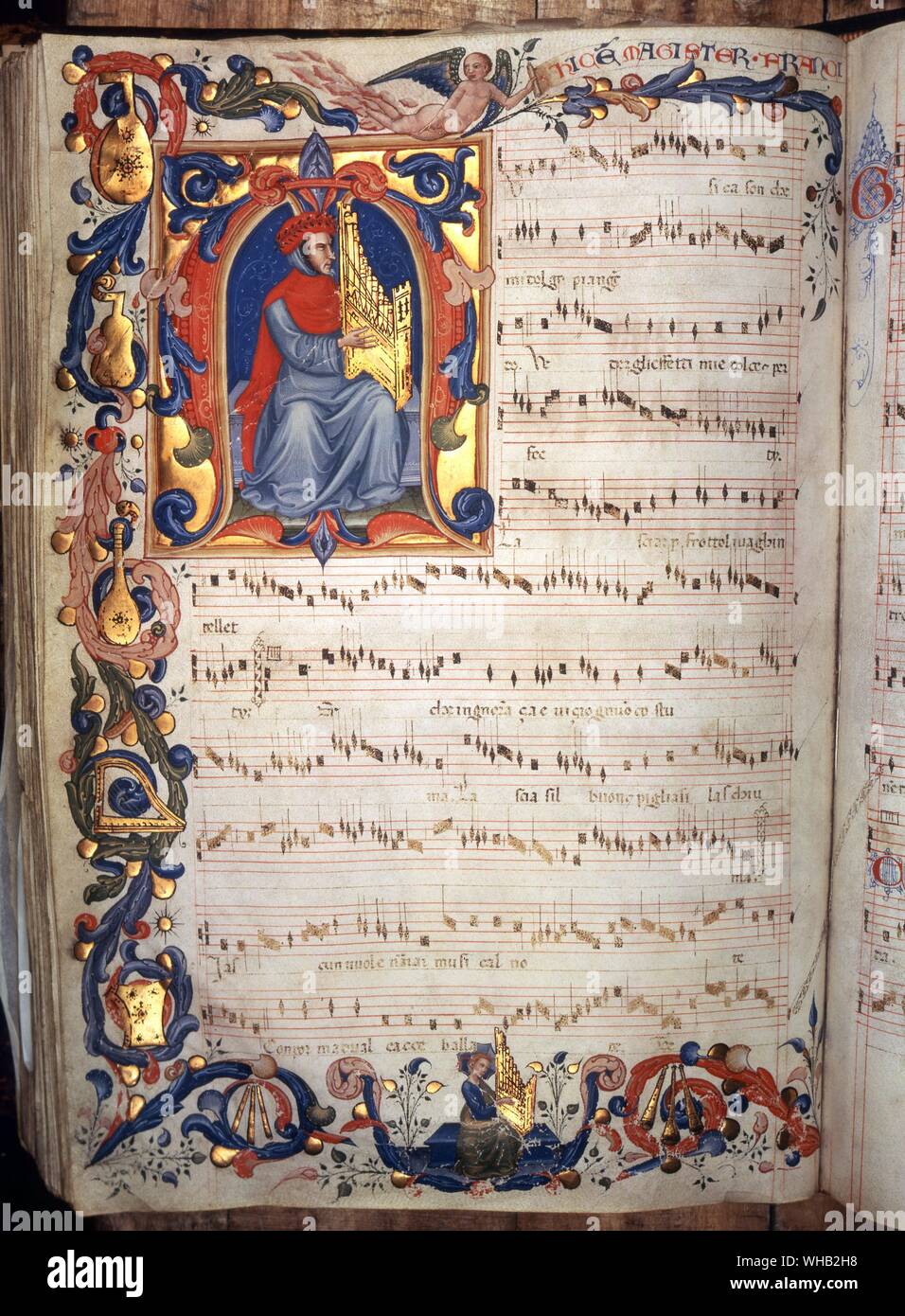 Manuscript page from the codex Squarcialupi. . illuminated manuscript compiled in Florence, Italy in the early 15th century. Stock Photo