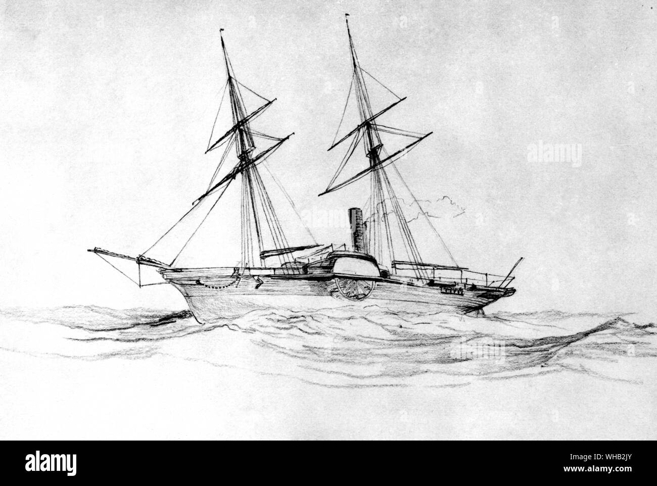 Thomas Baines pencil drawing. Royal Geographical Society. Signed - HMS Hermes in company with the Pearl (Pease) off the Delta of the Zambezi 3pm 15th May 1848 - T. Baines. Stock Photo