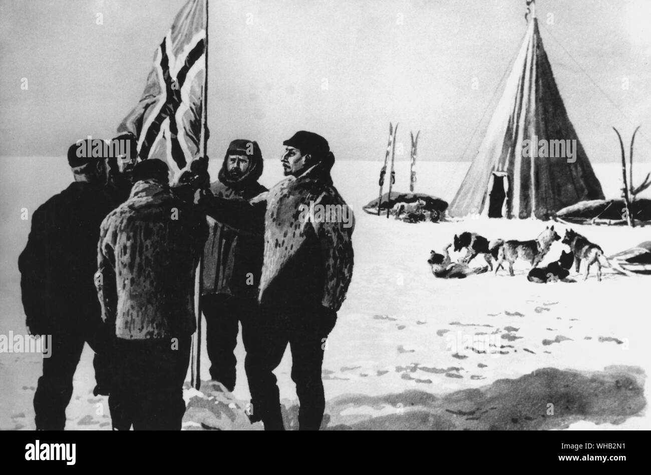 Painting of Roald Amundsen and his exploration team placing there Norwegian flag at the South Pole Stock Photo