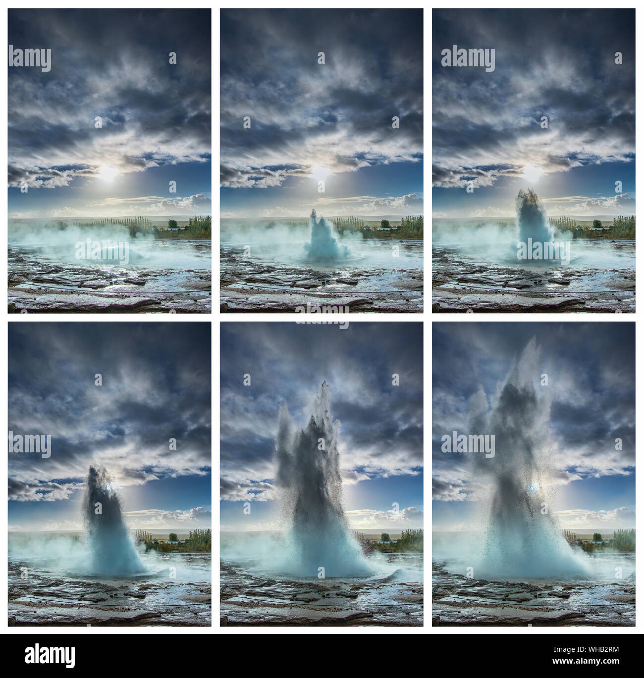 Sequence of 6 Images showing the Strokkur Geyser erupting in the geothermal area of South Western Iceland, Iceland Stock Photo