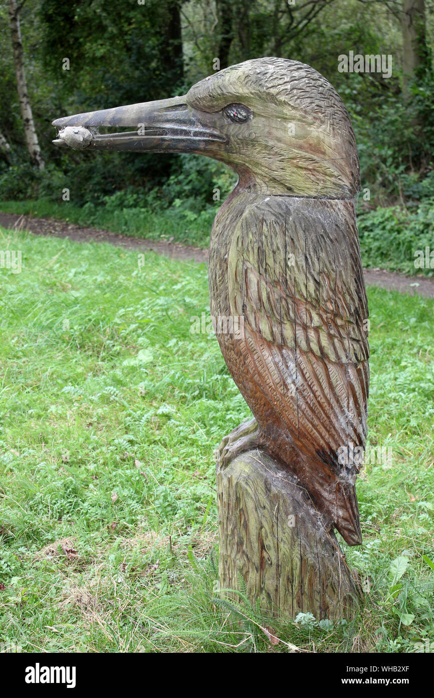 Wood Carving Of A Kingfisher at Potteric Carr Nature Reserve, Yorkshire Stock Photo
