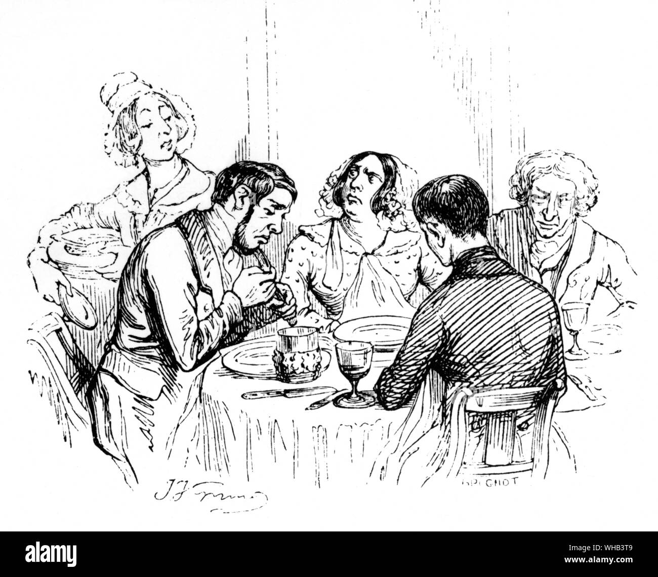 Unhappy costumers around the dining table in a French restaurant. Stock Photo