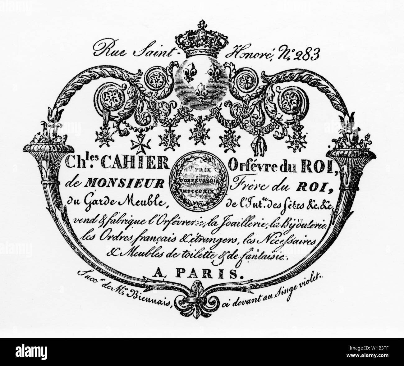 A French Royal Warrant. Granted to companies or tradespeople who supply goods and services to individuals in the family. Stock Photo