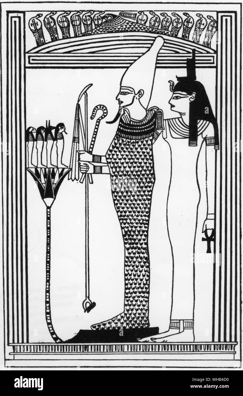 Osiris and the Egyptian Resurrection - Osiris in his closed shrine, accompanied by Isis (his wife and sister) and his four grandsons. From the Papyrus of Ani.. Stock Photo