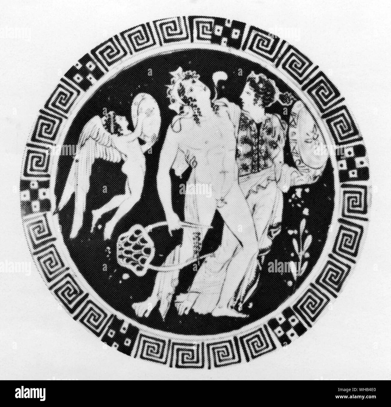 Dionysus & Ariadne escorted by Eros, on an Attic cup 400-390BC -. Dionysus or Dionysos associated with Roman Liber, the Greek god of wine, represents not only the intoxicating power of wine, but also its social and beneficial influences. He was also known as Bacchus. He is viewed as the promoter of civilization, a lawgiver, and lover of skeptic as well as the patron deity of agriculture and the theatre. He was also known as the Liberator -. Ariadne, later became the consort of the god Dionysus -. Eros is depicted as an angel who wears a white robe, carries a bow with heart shaped arrows and a Stock Photo