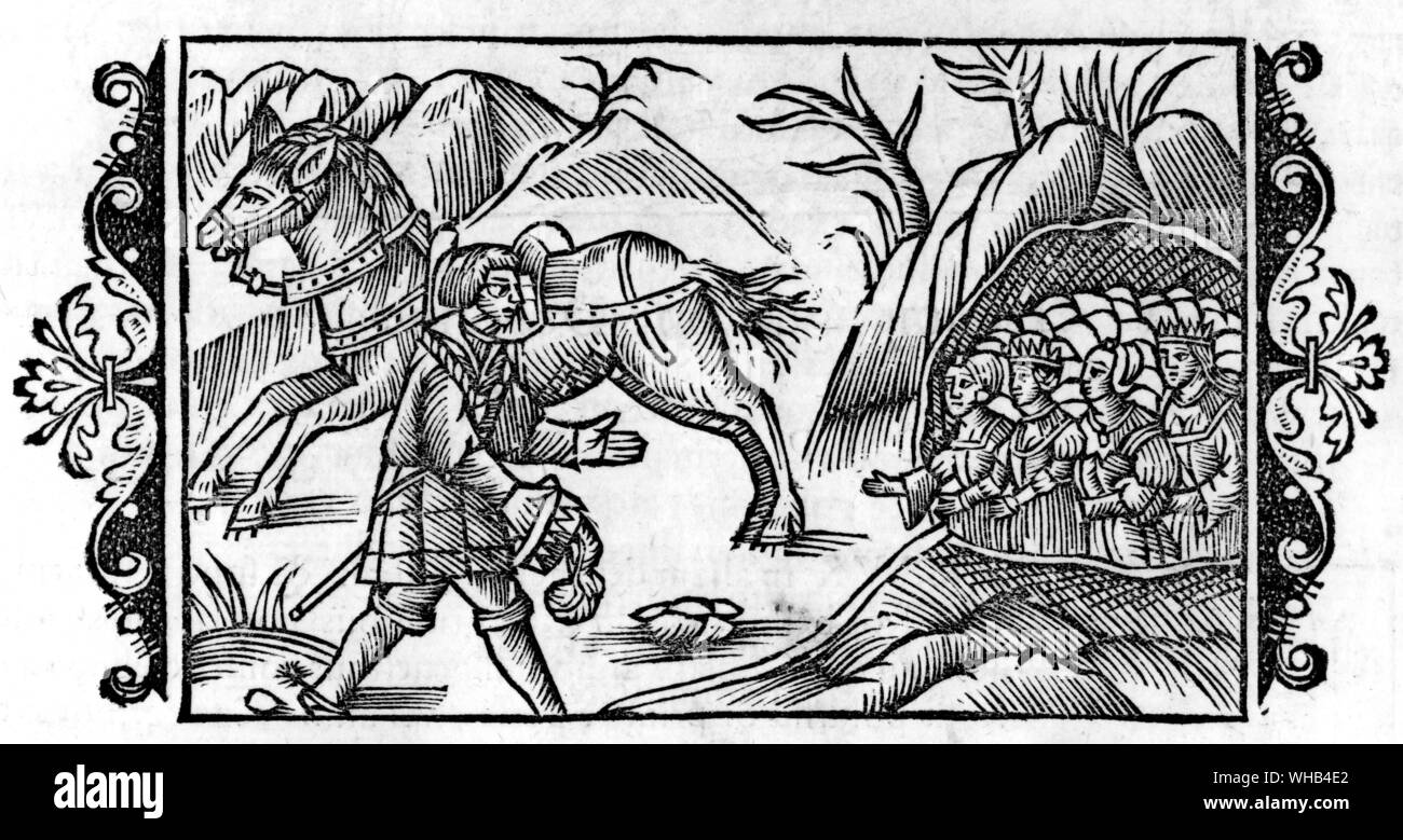 A Knight Visiting a Fairy House - de fatalibus fororibus, et nymphis p.110 Claus Magnus, Historia de Centibus Septentrionalibus Rome 1555.. Stock Photo