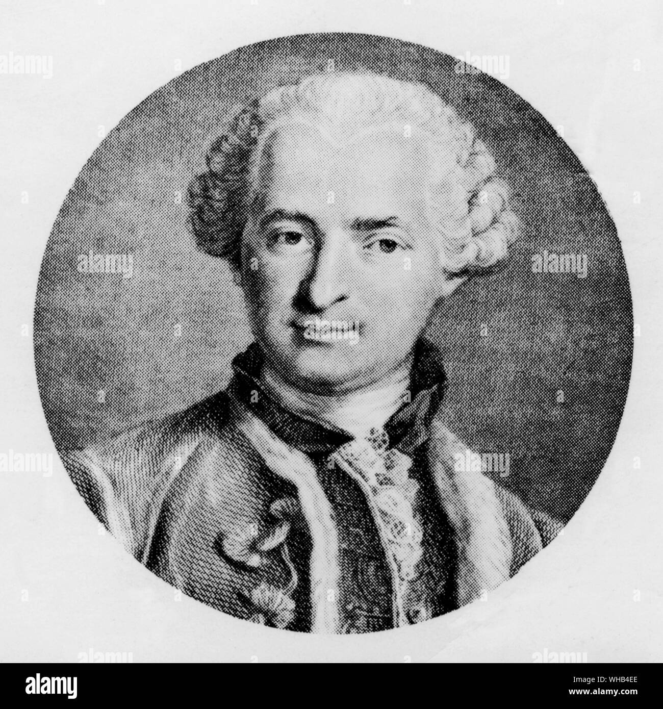 The Comte de St. Germain by N. Thomas claimed to have discovered the Elixir of Life.. The Count of St. Germain (fl. 1710-1784) has been variously described as a courtier, adventurer, charlatan, inventor, alchemist, pianist, violinist and amateur composer, but is best known as a recurring figure in the stories of several strands of occultism - particularly those connected to Theosophy. Some sources claim that his name is not familial, but was invented by him as a French version of the Latin Sanctus Germanus, meaning Holy Brother.. Stock Photo