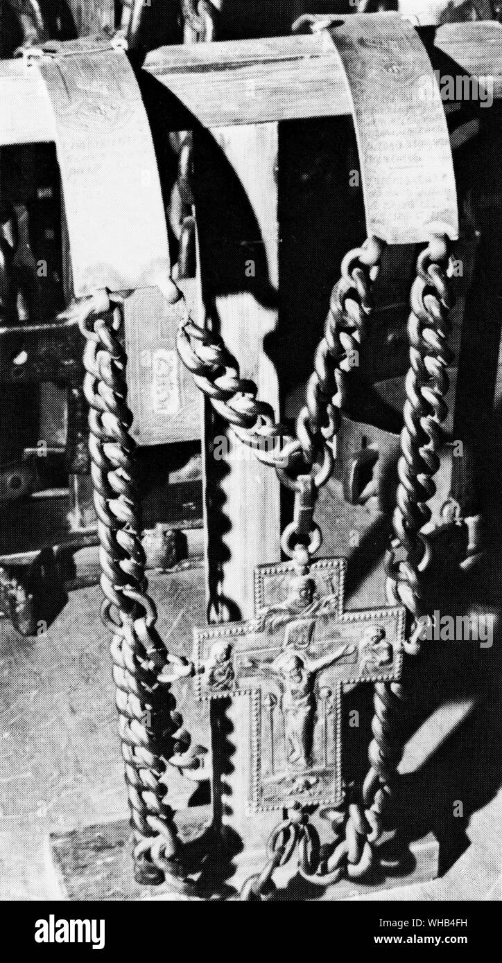 Chains worn by the Russian clergy in self-mortification - original picture from Kozan Museum in Leningrad.. Stock Photo