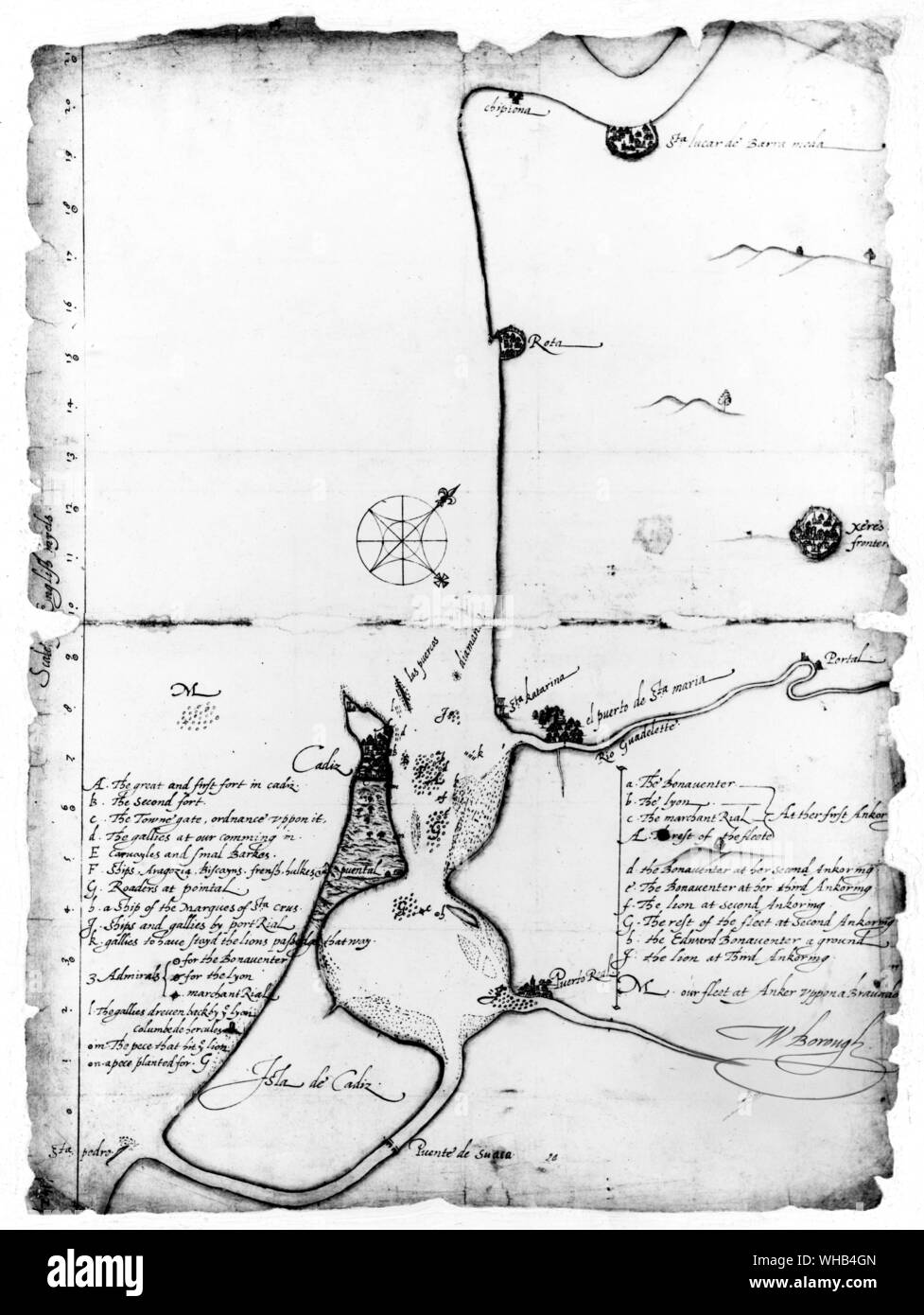Map of Cadiz from William Borough's pocket he was vice admiral to Drake 1587 Stock Photo